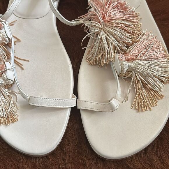 Stuart Weitzman Jabow Flat Tassel Pom Pom Sandals Nude Leather Womens Size 10 M - Picture 4 of 7